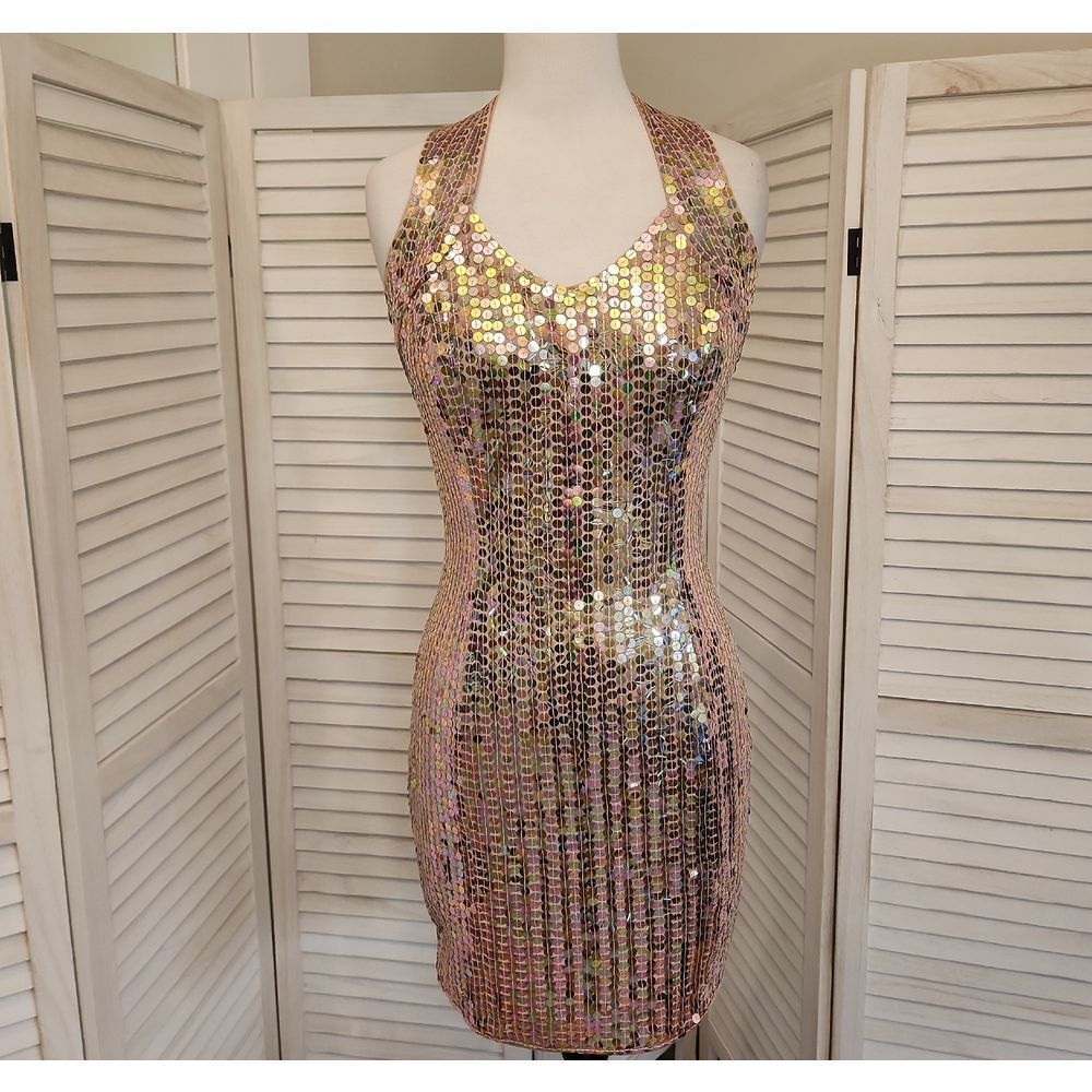 Robert Anthony Backless Gold Sequin Dress Size 8